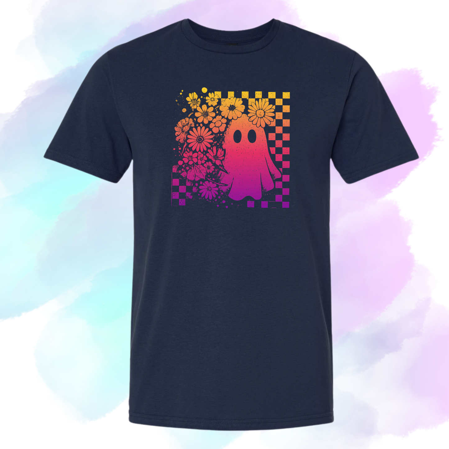 Floral Ghost Checkered Tee Pink and Orange