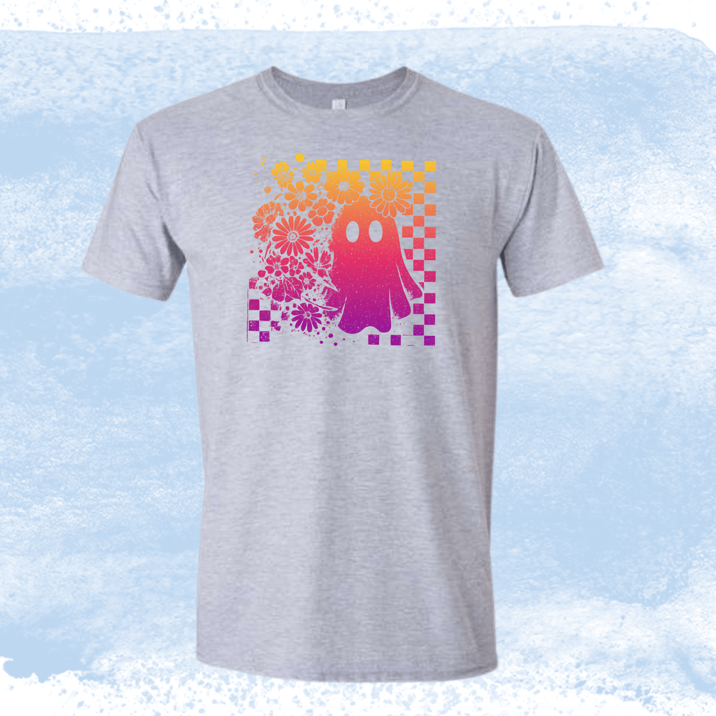 Floral Ghost Checkered Tee Pink and Orange - InkDura