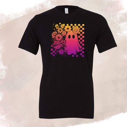 Floral Ghost Checkered Tee Pink and Orange