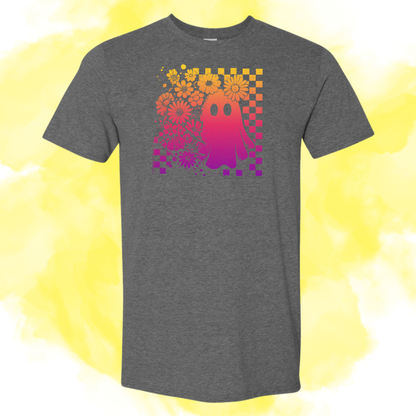 Floral Ghost Checkered Tee Pink and Orange