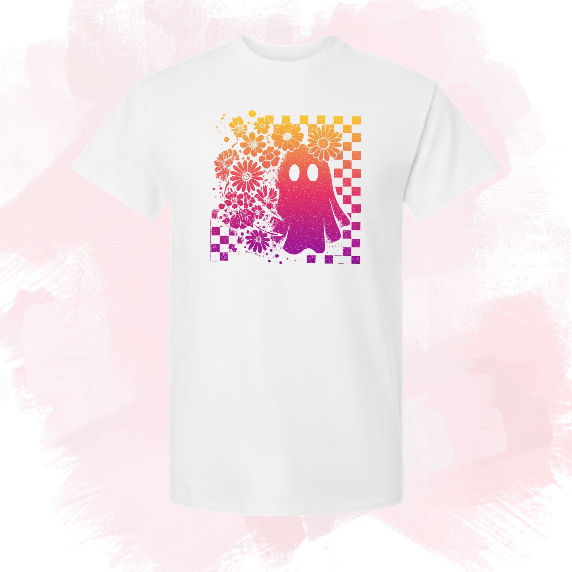 Floral Ghost Checkered Tee Pink and Orange - InkDura