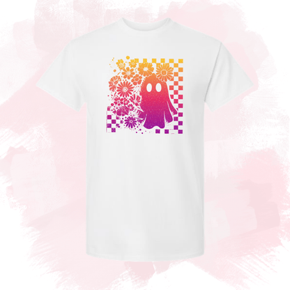 Floral Ghost Checkered Tee Pink and Orange - InkDura